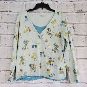 J Jill Wrap Front Floral Long Sleeve Blue Sweater Womens Size LP Large Petite...